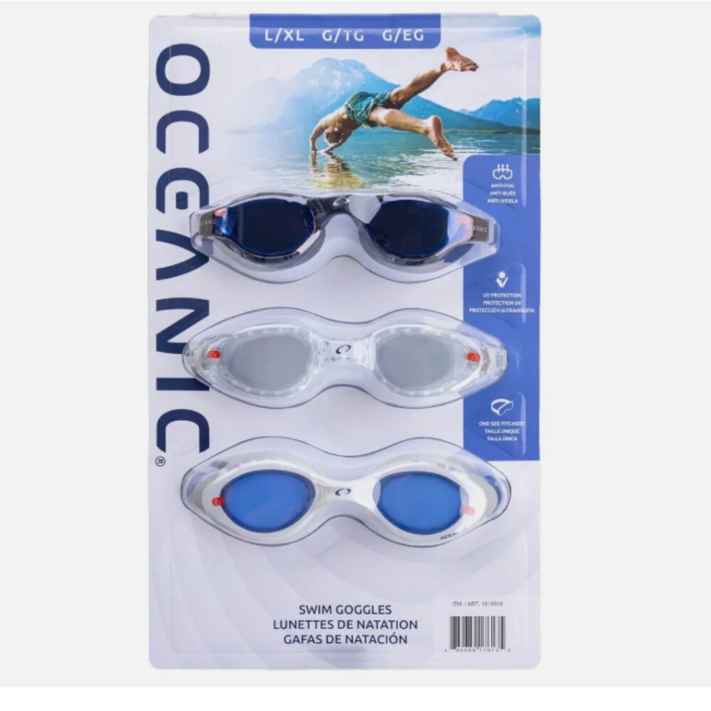 NEW! Oceanic Swim Goggles 3-Pack Large/XL One Size Fits Most  Anti-Fog UV